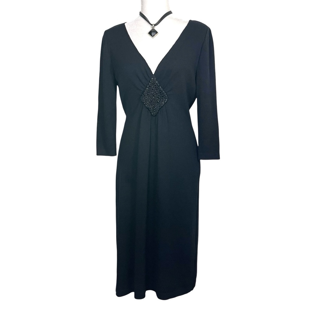 St. John Evening Santana Knit 3/4 Sleeve Rhinestone Dress Timeless Designer